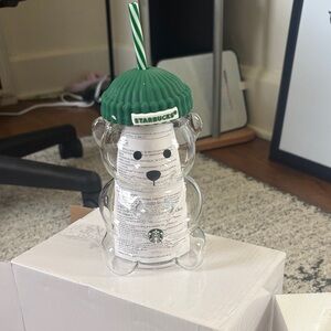 Starbucks Clear Bear Tumbler with Green Beanie Lid and Striped Straw